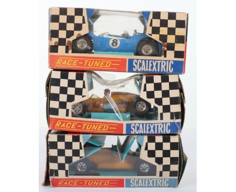 Three Boxed Scalextric Vintage Racing Cars C10 Race Tuned Super Javelin, blue body, RN.8 and two C80 Offenhauser Rear Engine 