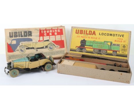 Two Chad Valley Ubilda Clockwork Tinplate sets, LMS Locomotive, red/black lithographed body and Touring car, light blue/cream