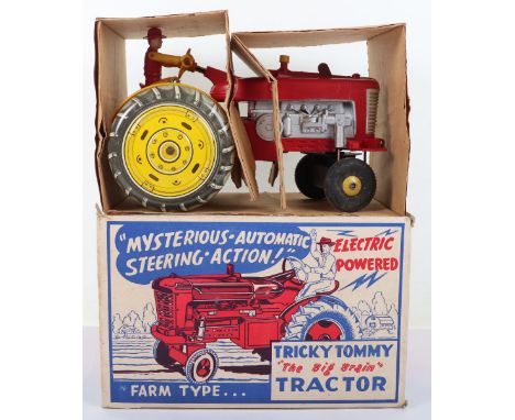 Louis Marx &amp; Co Ltd Swansea Electric Powered Farm Type Tricky Tommy “The Big Brain” Tractor, red/yellow plastic, rubber f