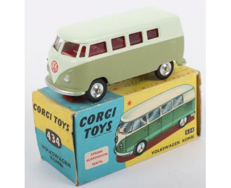 Corgi Toys 434 Volkswagen Kombi Van, light metallic green, pale green body, red interior, spun shaped wheels, model is in nea