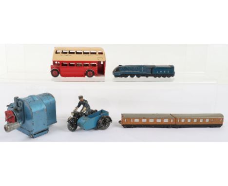 Dinky Toys 16 Express Passenger Train Set, blue/black LNER Loco and two brown/grey coaches, in fair unboxed condition, 29c Le