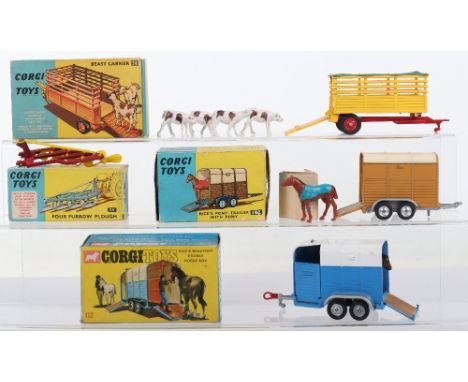 Four Boxed Vintage Farm Related Corgi Toys, 56 Four Furrow Plough,red/yellow 58 Best Carrier, with animals and detachable net