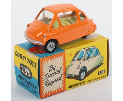 Corgi Toys 233 Heinkel Economy Car orange body, silver trim, yellow interior, cast spun wheels, in mint original condition, w