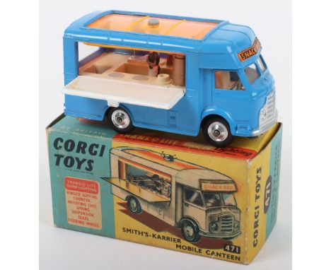 Corgi Toys 471 Smiths Karrier Mobile Canteen ‘Joes Diner’ Trans-O-Lite glow lighting,mid blue body, spun wheels, rotating che