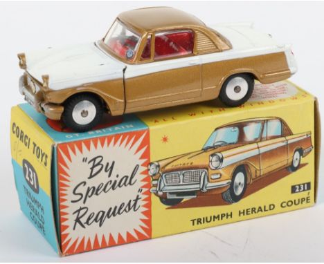 Corgi Toys 231 Triumph Herald Coupé gold/white with red interior, flat spun wheel hubs, in near mint original condition, blue