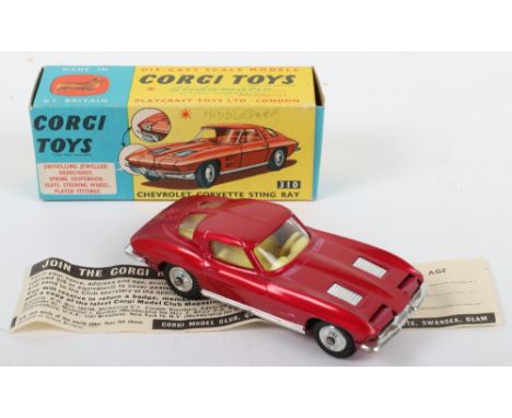 Corgi Toys 310 Chevrolet Corvette Sting Ray, metallic cerise body, yellow interior, shaped spun wheel hubs, in near mint orig