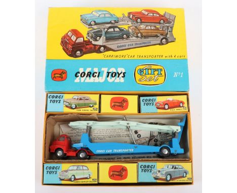 Corgi Major Toys Gift Set No1 “Carrimore Car” Transporter with Four Cars, 1101 Bedford S Carrimore Car Transporter, red cab, 