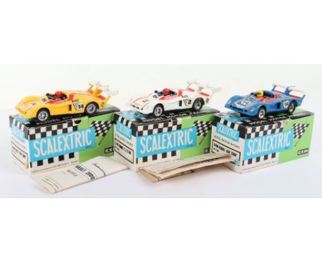 Three French Scalextric Alpine Renault 2000 Turbo Slot Cars, REF.4053 white/red RN.2,with leaflet, blue/red RN.14, decals lif