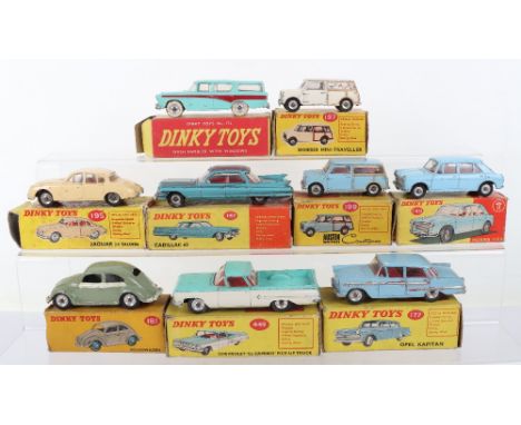 Nine Playworn Boxed Dinky Toys, 140 Morris 1100,173 Nash Rambler,177 Opel Kapitan,  197 Morris Mini Traveller, 199 Austin Sev