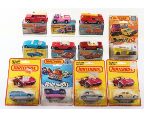Quantity of Boxed Matchbox Superfast models, 2 Jeep Hot Rod (missing one end flap to box) 1 Dodge Challenger, 6 Mercedes Tour