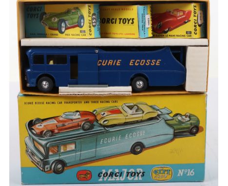 Corgi Toys Gift Set No 16 Ecurie Ecosse Racing Car Transporter 1st issue contains: metallic dark blue transporter, orange let