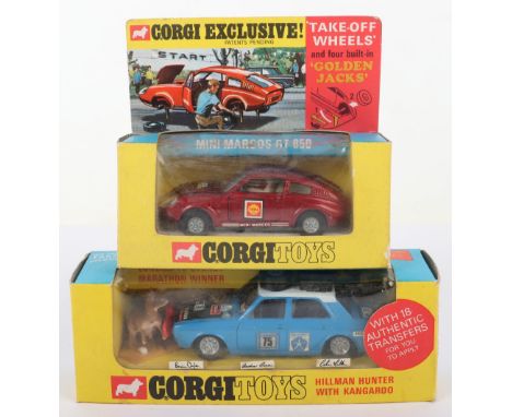 Corgi Toys 302 Hillman Hunter London to Sydney Marathon Winner, blue/white body, ‘Golden Jacks’ take off wheels, in near mint