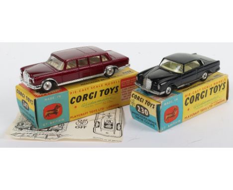 Two Boxed Corgi Toys Mercedes Cars,230 Mercedes Benz 220 SE Coupe, black body, yellow interior, spun wheel hubs, in good orig