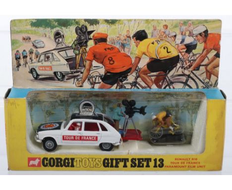 Corgi Toys Gift Set 13 Renault R16 Tour De France Paramount Film Unit, white/black Renault, cast wheel hubs, red interior, ca