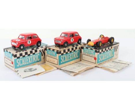 Three Vintage Boxed Scalextric slot cars, C/76 Mini Cooper, red body, in near mint original condition, with leaflet, decal sh