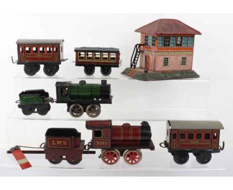 A Bing 0 Gauge LMS Locomotive &amp; Tender, lithographed lined maroon, engine 3742, Bing embossed to front smokebox, fixed ke