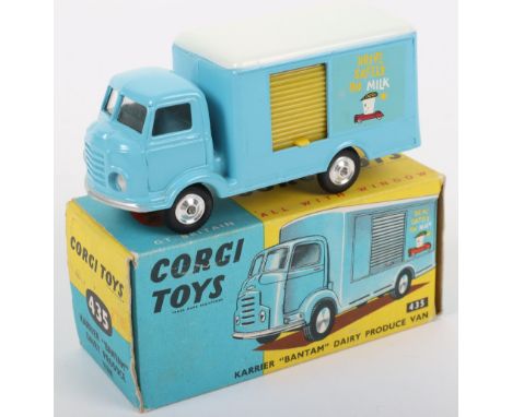 Corgi Toys 435 Karrier Bantam Dairy Produce Van ‘Drive Safely on Milk’ light blue/white body, yellow plastic shutter, shaped 