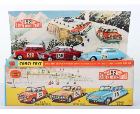 Corgi Toys Rallye Monte Carlo Gift Set 38, with 318 Mini Cooper S red body/interior, spun wheel hubs, no ‘52’ 322 Rover 2000,