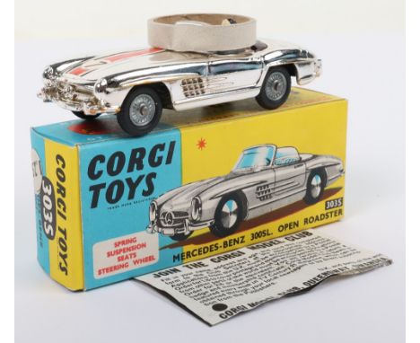 Scarce Corgi Toys 303S Mercedes Benz 300SL Open Roadster, chrome plated body, red/white RN.7 decal to bonnet, driver, brown/c