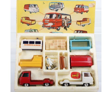 Corgi Toys Commer Constructor Gift Set 24, 2 cab/chassis units, 4x interchangeable bodies, milkman, milk crates and bench sea