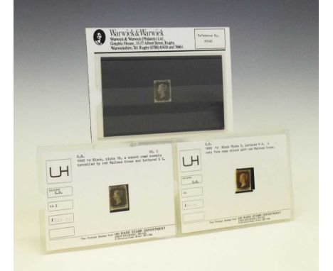 GB - Three Queen Victoria 1840 1d black stamps; Plate 1b lettered N J, Plate 1b lettered S G, and Plate 3 lettered R A, all w