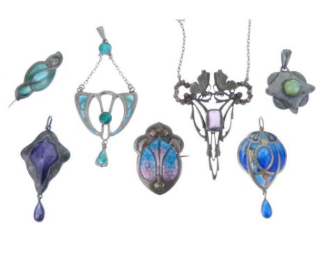 Collection of five Art Nouveau pendants, one by Charles Horner and four anonymous examples, together with an Art Nouveau J. F