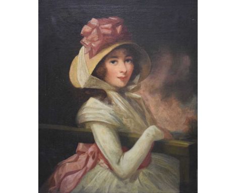 19th Century English School - Oil on canvas - Portrait of a lady wearing a broad bonnet, tied around her head with a pink rib