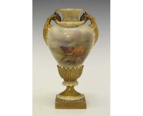 Harry Stinton for Royal Worcester - Hand painted twin handled vase, of shouldered baluster form with flared neck over moulded