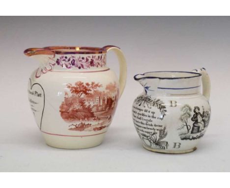 Early 19th Century jug of shouldered form with scroll handle, painted and transfer-printed with a verse 'Give me a bumber fil