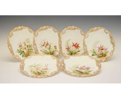 Set of six late 19th Century Copeland bone china dessert plates, each painted with a different orchid within Richelieu shape 