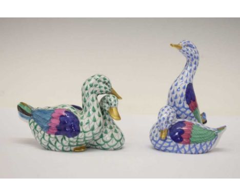 Herend, Hungary - Two porcelain pairs of ducks, painted and gilded in shades of emerald-green and light-blue, both with pink 