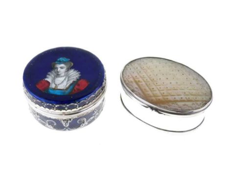 19th Century French white metal and enamel circular box of Limoges type with female portrait, 5.8cm diameter x 3cm high, and 