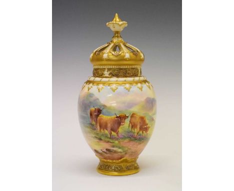 Royal Worcester crown top pot pourri vase with inner cover, gilded and painted with Highland cattle in a landscape by E. Town