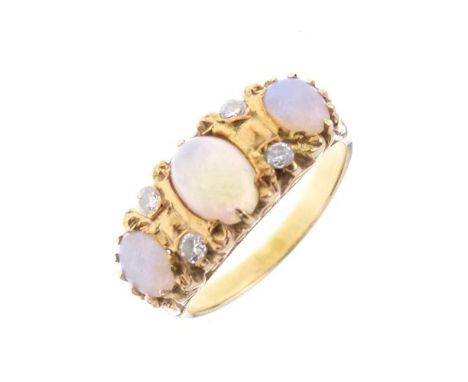 Opal and diamond ring, the mount stamped '18ct', the graduated opals with pairs of modern brilliant cut diamonds between, siz