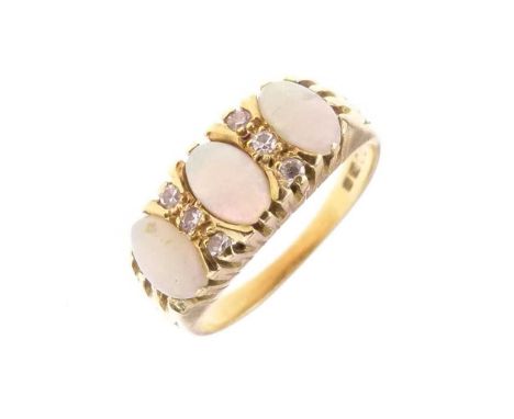 Opal and diamond 18ct gold ring, 1975, the three opals with a trio of single cuts between, size M½, 4.7g gross approx