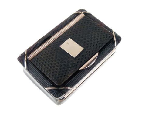 Late Georgian tortoiseshell snuff box, with hinged textured cover having unmarked yellow metal hinge, rectangular cartouche a
