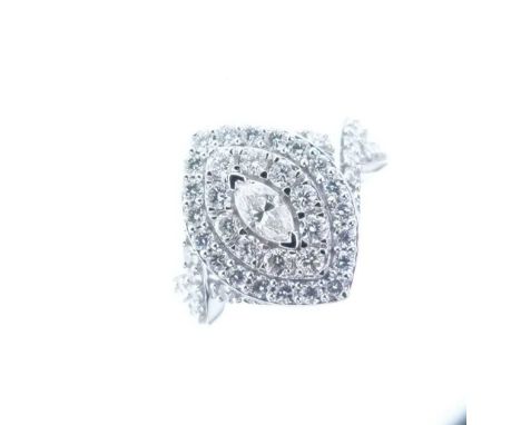 Diamond cluster ring, in a 14ct white gold mount, the central marquise cut stone enclosed by two rows of brilliant cut diamon