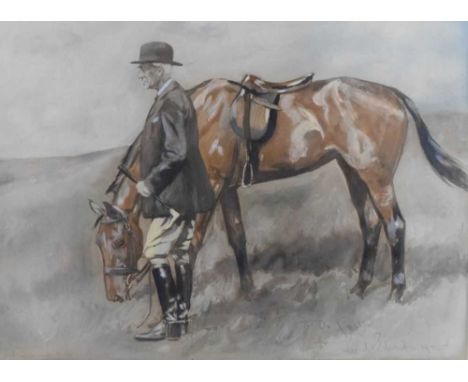 Lionel Edwards (1878-1966) - Watercolour - Portrait of a gentleman with saddled horse, inscribed 'To Dr Foster from Lionel Ed