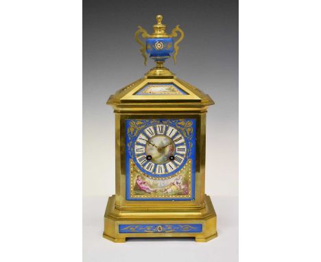 Mid 19th Century French Sevres-style porcelain mounted mantel clock, the main panel 14cm x 11.5cm, with cellular Roman chapte