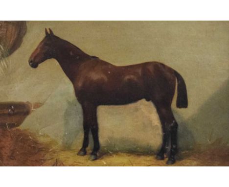 19th Century oil on board - Hackney horse in a stable, unsigned, 20cm x 30cm, in gilt frameThere is surface deterioration in 