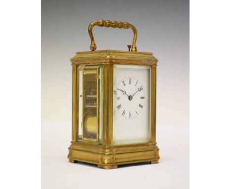 Late 19th Century French brass cased repeater carriage clock, with white Roman dial, two-train movement with silvered lever p