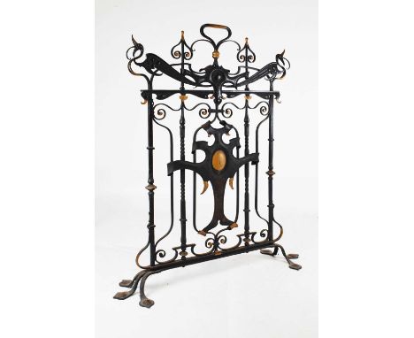 Early 20th Century Arts &amp; Crafts wrought iron and copper mounted fire screen, 85cm x 24cm x 98cm high