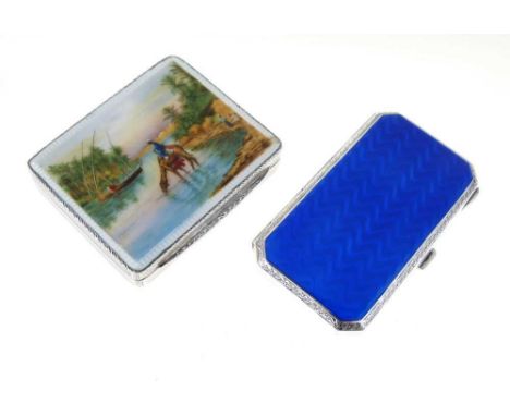 Houbigant - Early 20th Century silver and enamel powder compact, the hinged rectangular cover enamelled with a scene of a cam