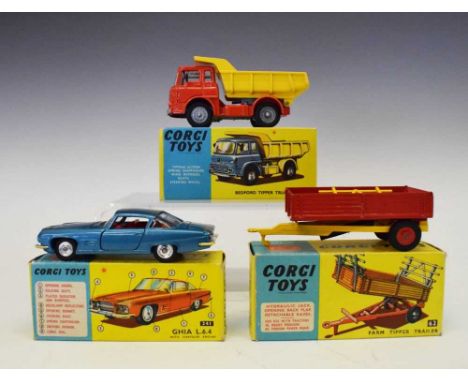 Corgi Toys - Three boxed diecast models comprising; 62 'Farm Tipper Trailer', 241 'Ghia L.6.4 with Chrysler Engine' in blue a