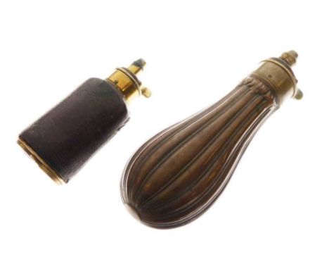 Brass mounted three way powder flask covered in dark brown leather by Dixon &amp; Sons., fixed nozzle, blued spring and screw