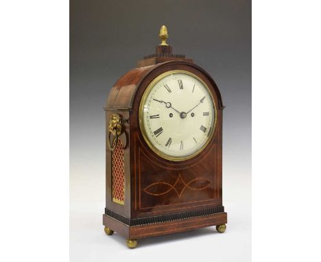 Regency inlaid mahogany twin fusee bracket clock, with 8-inch convex Roman dial, the unmarked wire-driven movement striking o