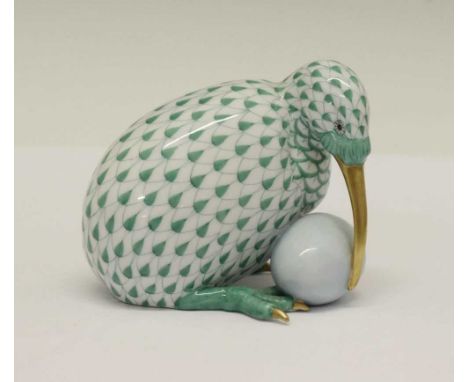 Herend, Hungary - Porcelain model of a Kiwi with egg, painted and gilded in emerald-green, printed marks, 6cm high 