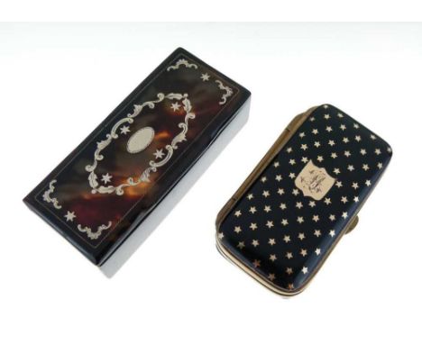 19th Century tortoiseshell and piquework snuff box and match case, the former with scroll decoration, 7.3cm wide, the second 