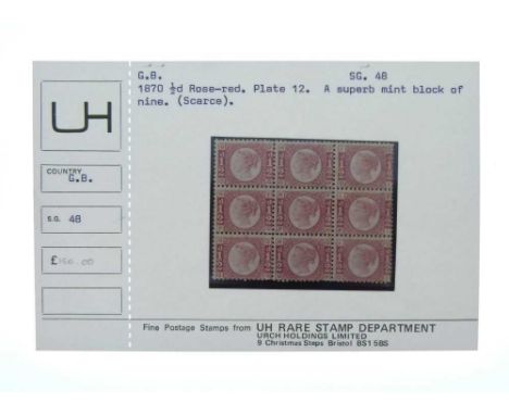 GB - Queen Victoria 1870 ½d rose-red, plate 12, mint block of nine stamps (SG48)