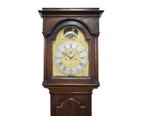 Early George III oak-cased 8-day brass dial longcase clock, James Gibb, Stockton, circa 1770, the 12-inch break-arched dial h